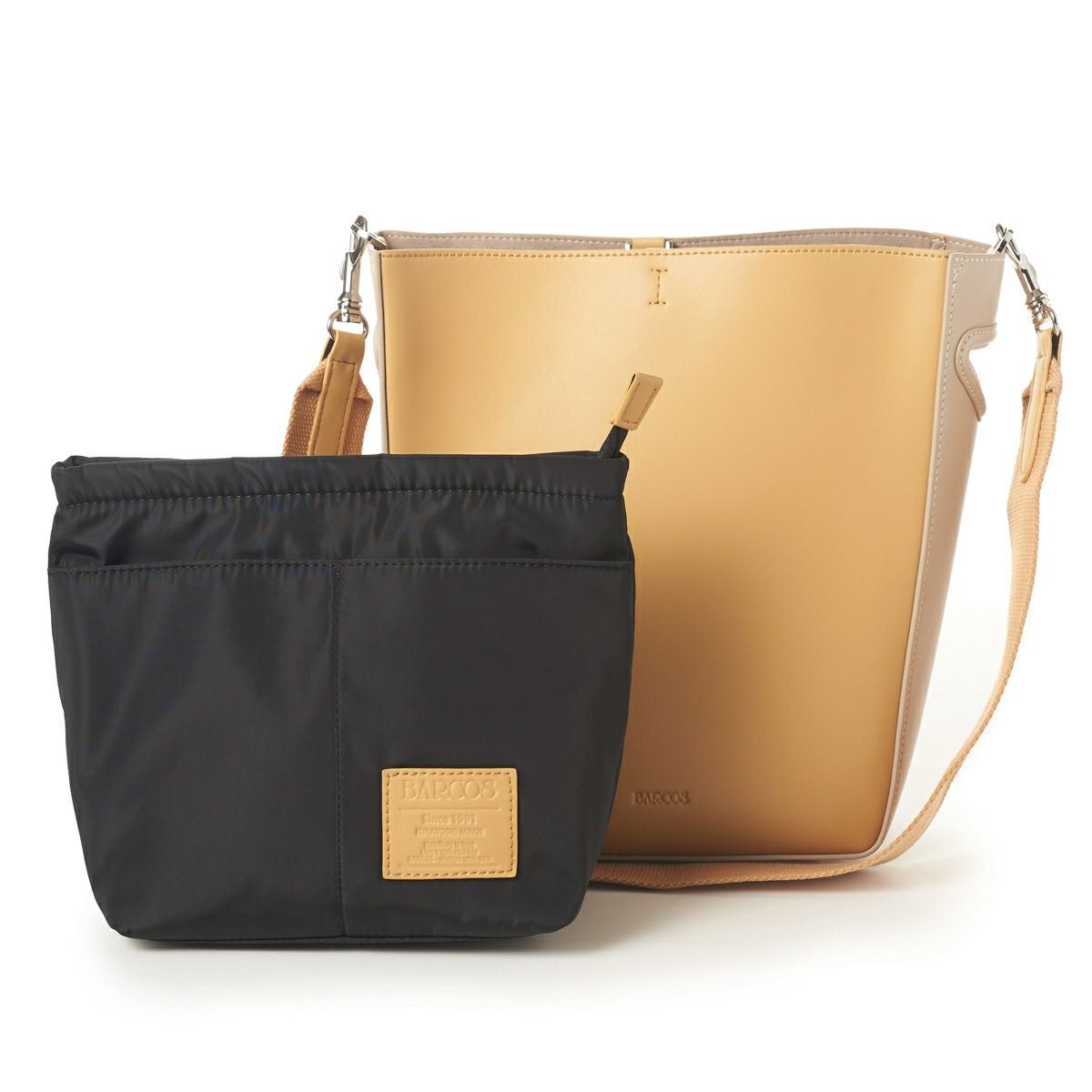 スムースレザー配色バケツショルダーバッグ