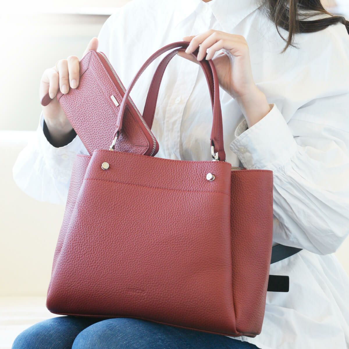 【セット商品】シュリンクレザー3wayハンドバッグ＆シュリンクレザー切替ロングウォレット