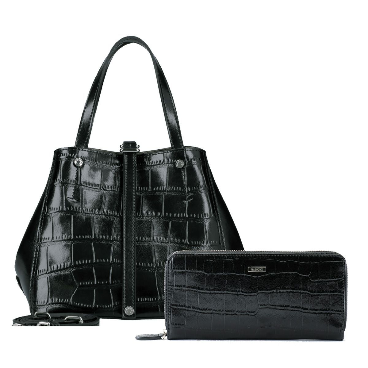 【セット商品】クロコダイル型押シャイニングミニレザーハンドバッグ＆ロングウォレット