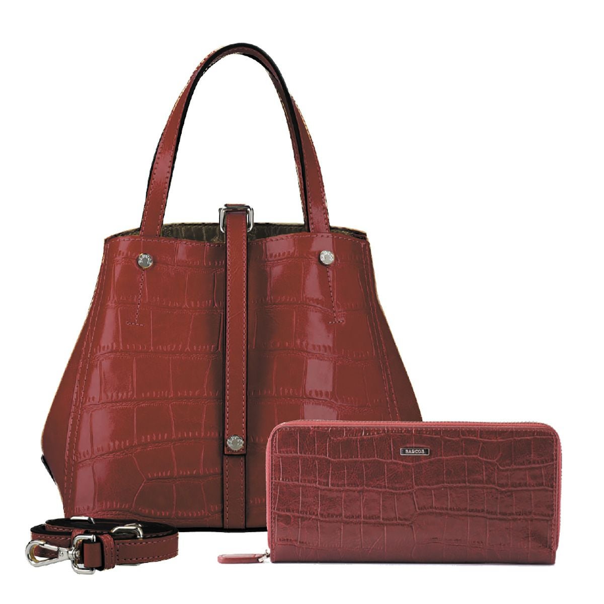 【セット商品】クロコダイル型押シャイニングミニレザーハンドバッグ＆ロングウォレット