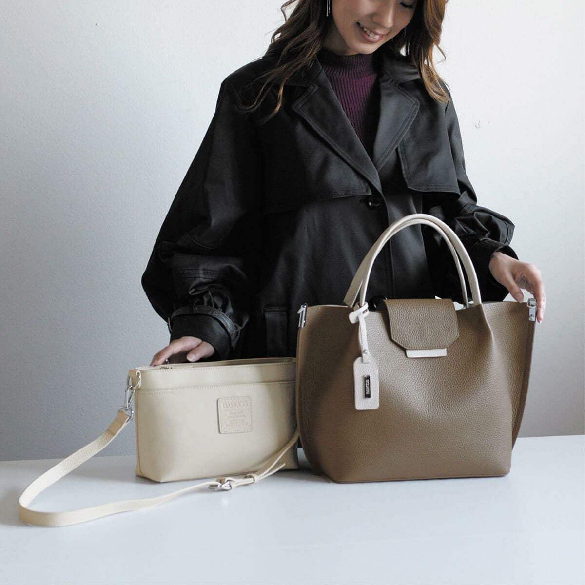 【セット商品】シュリンクレザーバイカラーハンドバッグ＜シャーロット＞＆ロングウォレット＜ベロニカ＞