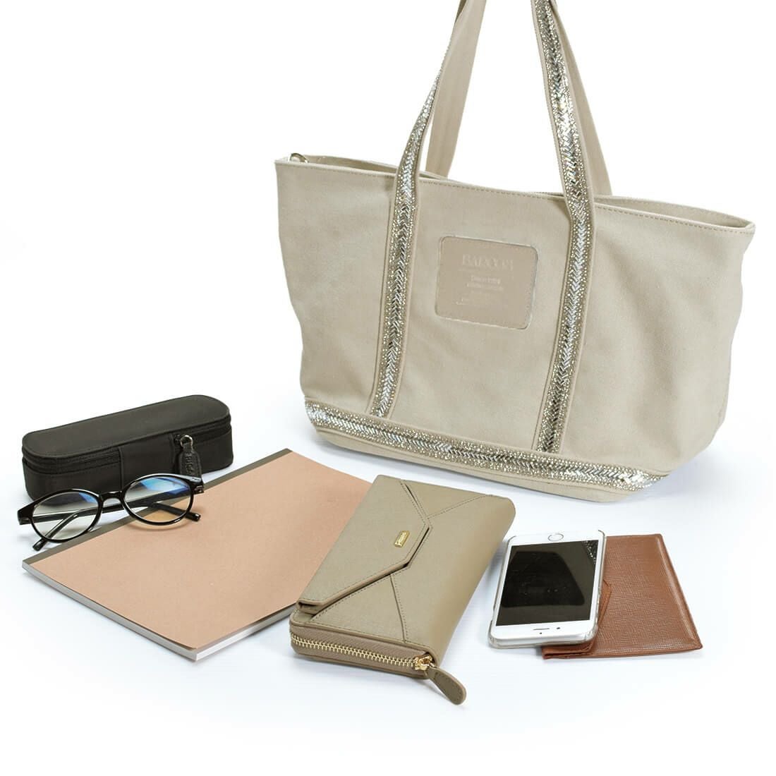 ビジュー付きキャンバストートバッグ