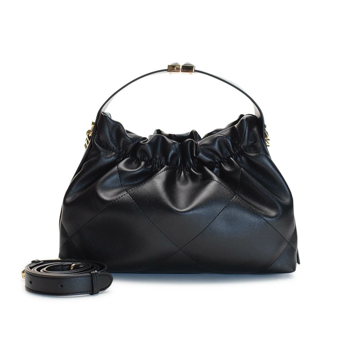 ギャザーデザイン牛革ハンドバッグ