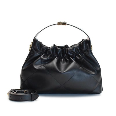 ギャザーデザイン牛革ハンドバッグ