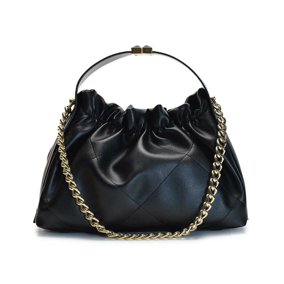 ギャザーデザイン牛革ハンドバッグ