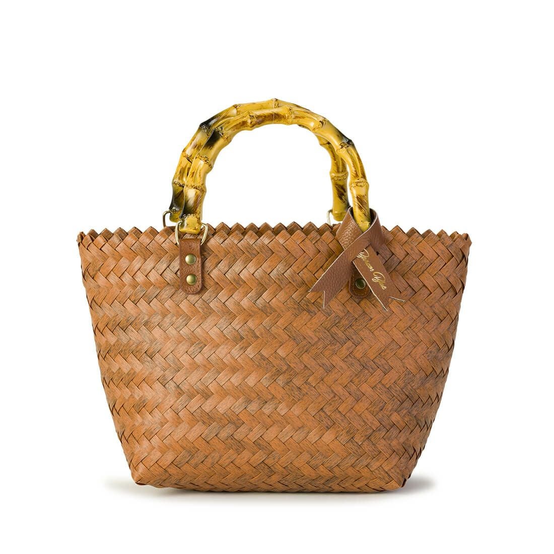 リボン付きウッドハンドルかごバッグ