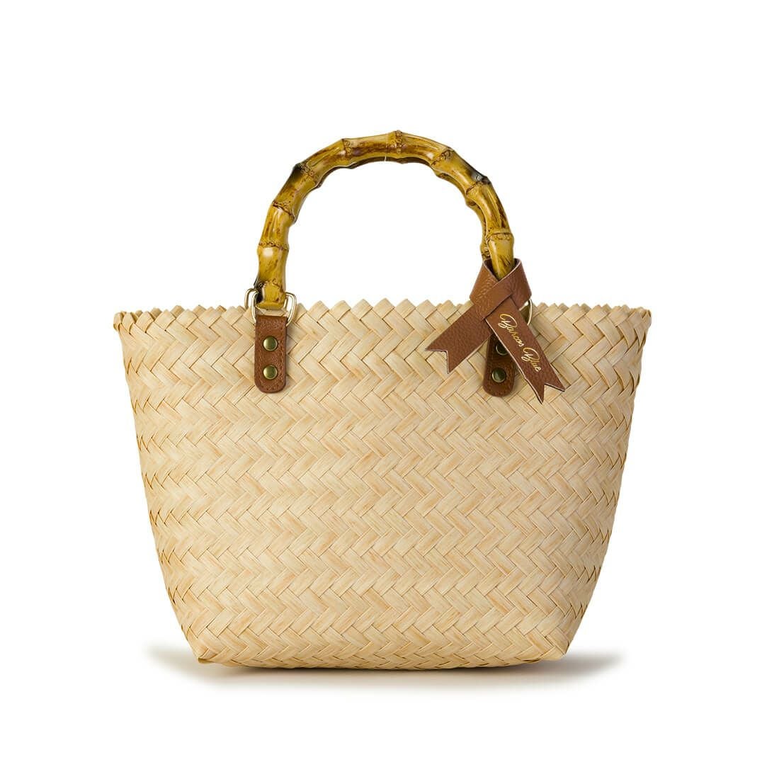 リボン付きウッドハンドルかごバッグ