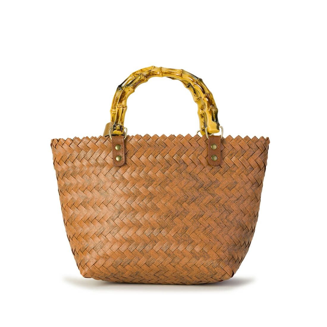 リボン付きウッドハンドルかごバッグ