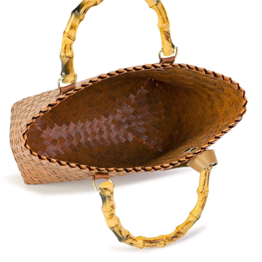 リボン付きウッドハンドルかごバッグ