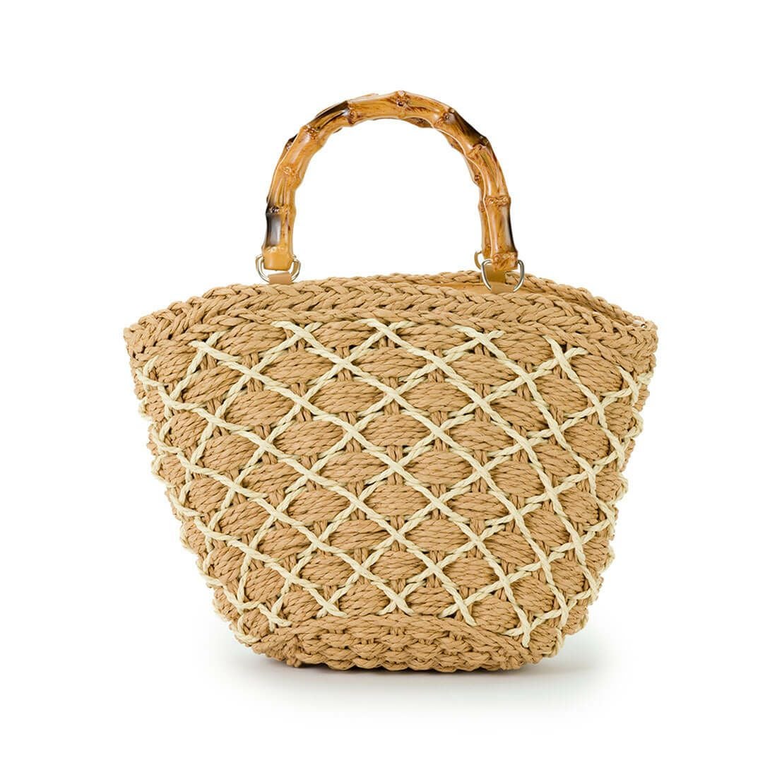 格子柄ウッドハンドル2wayかごバッグ