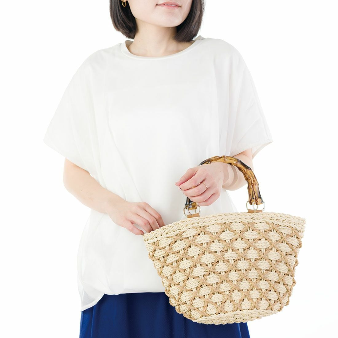 格子柄ウッドハンドル2wayかごバッグ