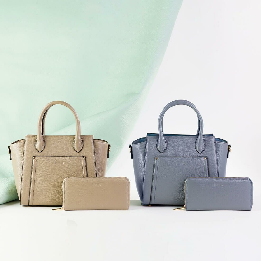 【セット商品】リベットデザインシュリンクレザー2wayハンドバッグ＆長財布セット