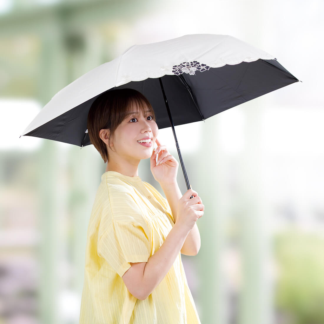 晴雨兼用 花柄カットワーク刺繍折りたたみ傘