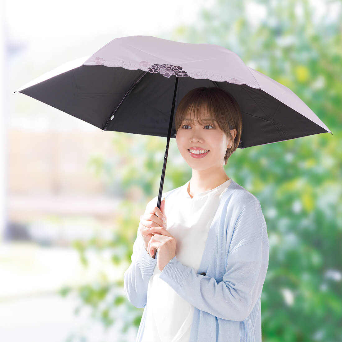 晴雨兼用 花柄カットワーク刺繍折りたたみ傘